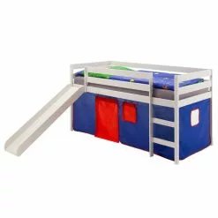 IDIMEX Hochbett Mit Rutsche BENNY Weiß, Vorhang Blau