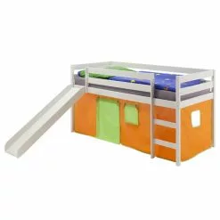 IDIMEX Hochbett Mit Rutsche BENNY Weiß, Vorhang Orange/grün
