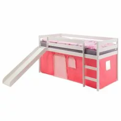 IDIMEX Hochbett Mit Rutsche BENNY Weiß, Vorhang Rosa