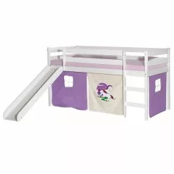 IDIMEX Hochbett Mit Rutsche BENNY Weiß, Vorhang EINHORN