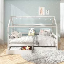 IDIMEX Hausbett CLIA In 90 X 200 Cm Aus Massiver Kiefer Mit 2 Schubladen In Weiß -Möbelgeschäft 71391 AC1