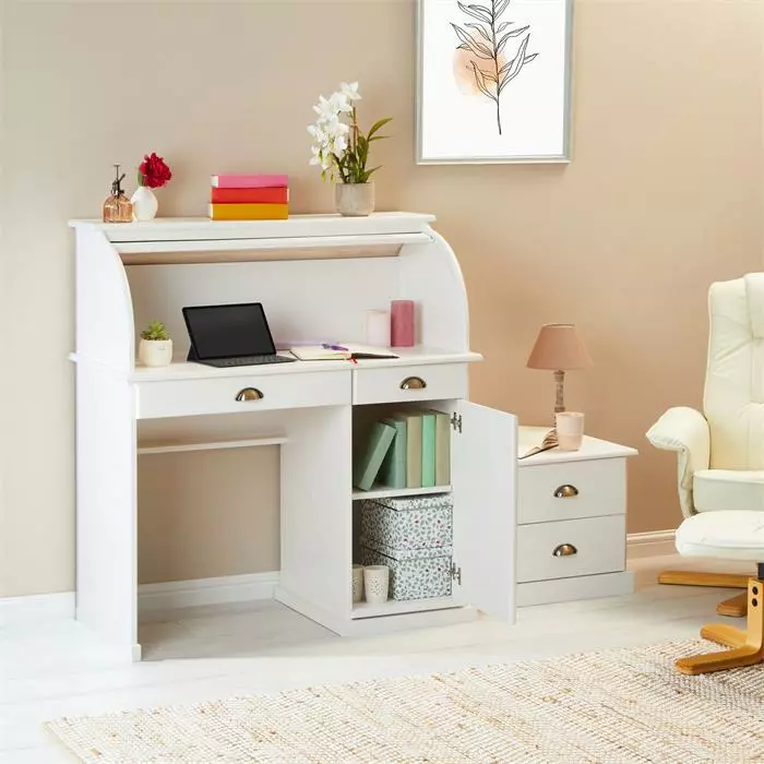 IDIMEX Sekretär TOM Mit 2 Schubladen, Rollladen Und 1 Tür Aus Massiver Kiefer In Weiß 5 IDIMEX Sekretär TOM Mit 2 Schubladen, Rollladen Und 1 Tür Aus Massiver Kiefer In Weiß – Bild 3