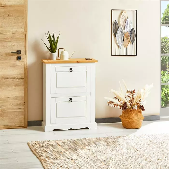 IDIMEX Schuhkipper TEQUILA, Kiefer Massiv, Weiß/braun, Mit 2 Klappen, Mexiko 5 IDIMEX Schuhkipper TEQUILA, Kiefer Massiv, Weiß/braun, Mit 2 Klappen, Mexiko – Bild 3