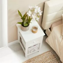 CARO-Möbel Nachttisch MESSINA Im 2er Set, Mit 1 Schublade Und Korb, In Weiß -Möbelgeschäft 94233 AC3