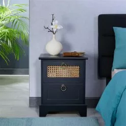 CARO-Möbel Nachttisch PADMA Mit 2 Schubladen Und Wiener Geflecht, Schwarz -Möbelgeschäft 95336 AC1