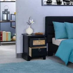 CARO-Möbel Nachttisch PADMA Mit 2 Schubladen Und Wiener Geflecht, Schwarz -Möbelgeschäft 95336 AC2