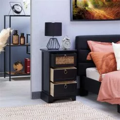 CARO-Möbel Nachttisch RAJA Mit 3 Schubladen Und Wiener Geflecht, Schwarz -Möbelgeschäft 95339 AC2
