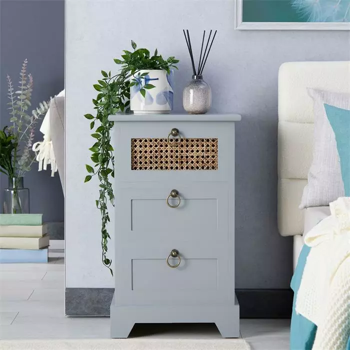 CARO-Möbel Nachttisch RAJA Mit 3 Schubladen Und Wiener Geflecht, Grau 4 CARO-Möbel Nachttisch RAJA Mit 3 Schubladen Und Wiener Geflecht, Grau – Bild 2