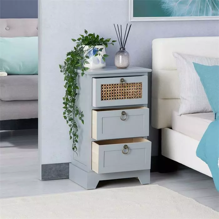 CARO-Möbel Nachttisch RAJA Mit 3 Schubladen Und Wiener Geflecht, Grau 5 CARO-Möbel Nachttisch RAJA Mit 3 Schubladen Und Wiener Geflecht, Grau – Bild 3