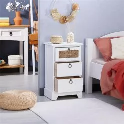 CARO-Möbel Nachttisch RAJA Mit 3 Schubladen Und Wiener Geflecht, Weiß -Möbelgeschäft 95341 AC2