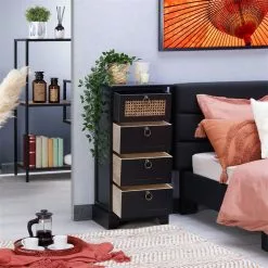 CARO-Möbel Nachttisch VANIKA Mit 4 Schubladen Und Wiener Geflecht, Schwarz -Möbelgeschäft 95342 AC2