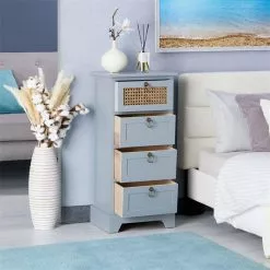 CARO-Möbel Nachttisch VANIKA Mit 4 Schubladen Und Wiener Geflecht, Grau -Möbelgeschäft 95343 AC2