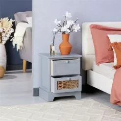 CARO-Möbel Nachttisch RANI Mit 2 Schubladen Und Wiener Geflecht, Grau -Möbelgeschäft 95346 AC2