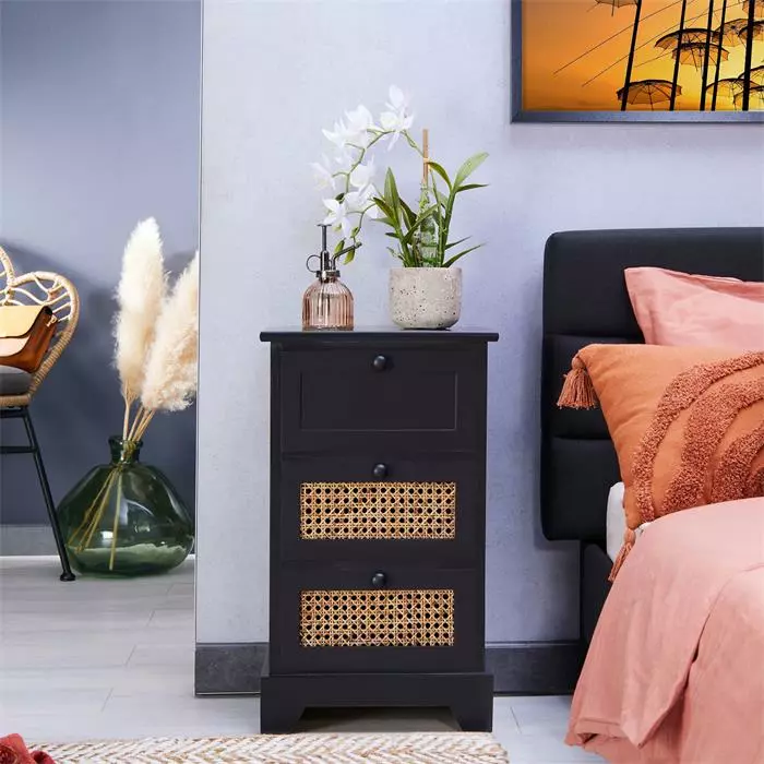 CARO-Möbel Nachttisch ROSHNI Mit 3 Schubladen Und Wiener Geflecht, Schwarz 4 CARO-Möbel Nachttisch ROSHNI Mit 3 Schubladen Und Wiener Geflecht, Schwarz – Bild 2