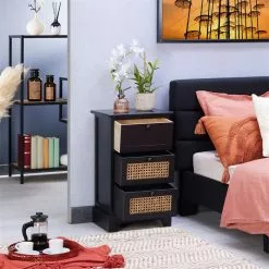 CARO-Möbel Nachttisch ROSHNI Mit 3 Schubladen Und Wiener Geflecht, Schwarz 10 CARO-Möbel Nachttisch ROSHNI Mit 3 Schubladen Und Wiener Geflecht, Schwarz -Möbelgeschäft 95348 AC2