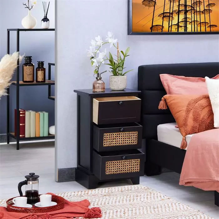 CARO-Möbel Nachttisch ROSHNI Mit 3 Schubladen Und Wiener Geflecht, Schwarz 5 CARO-Möbel Nachttisch ROSHNI Mit 3 Schubladen Und Wiener Geflecht, Schwarz – Bild 3